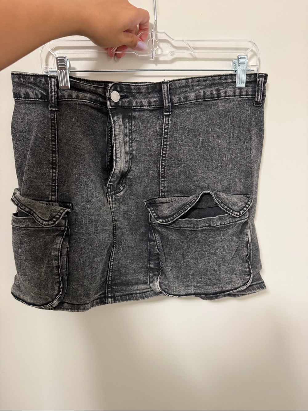 Washed Black Denim Mini Skirt with Front Flap Pockets